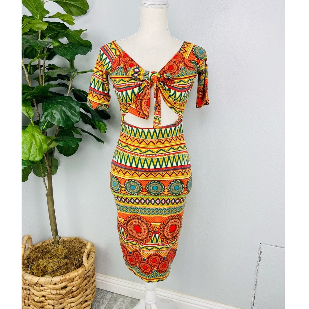 Geometric Multi Color Floral Bright Front Bow Tie Cut Out Midi Dress
